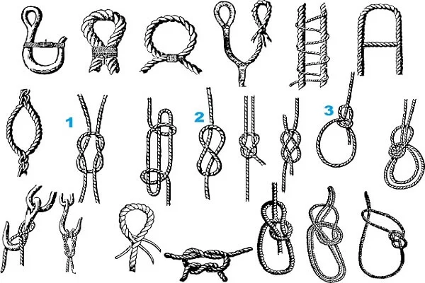 Diferentes nudos para barcos como nudo del ocho, nudo llano y as de guía